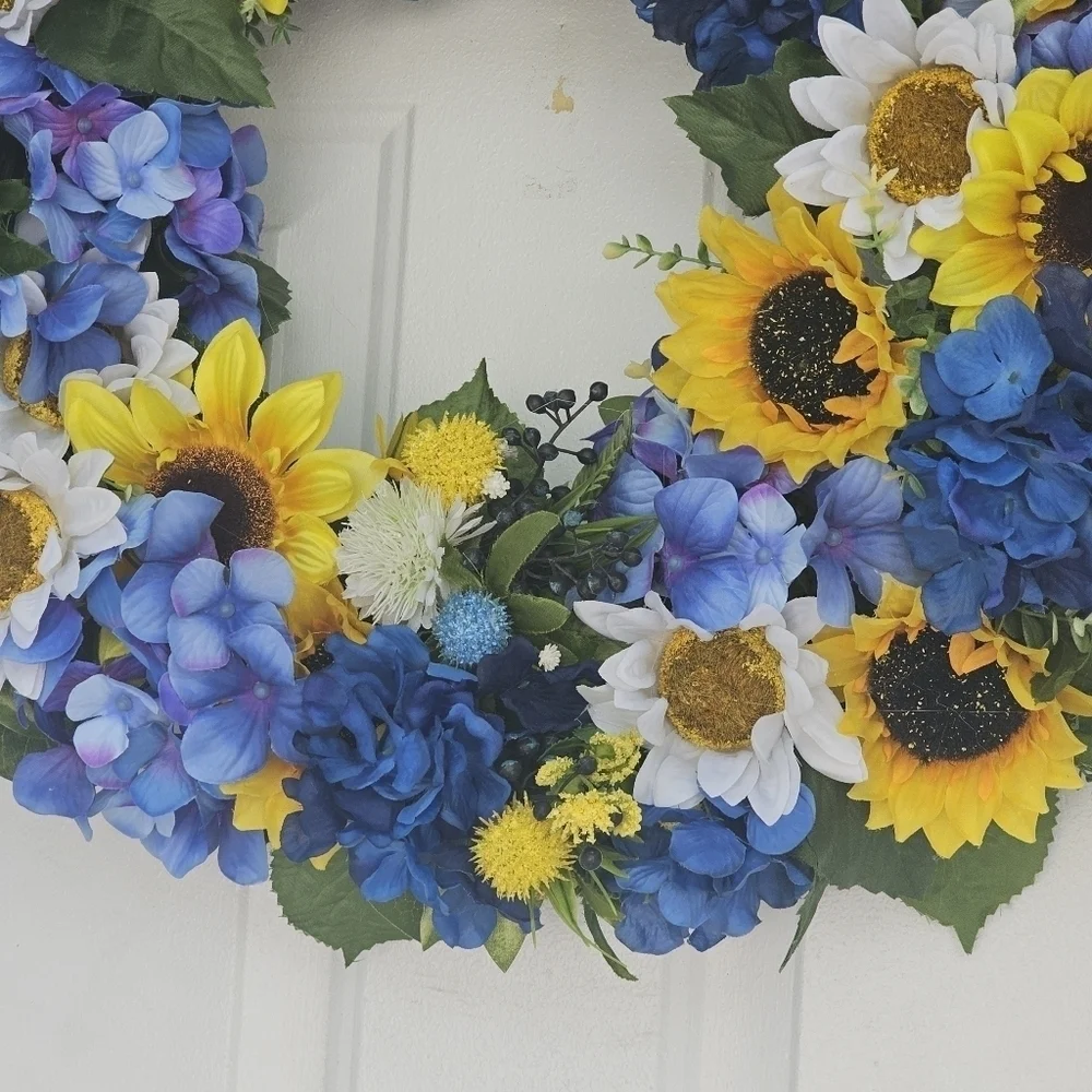 Handmade sunflower and blue hydrangea wreath for everyday, summer,spring